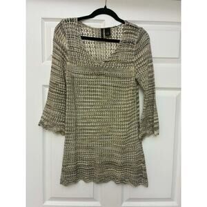 New Directions S Open Knit Crochet Sweater Tunic Boho Bell Sleeve Beige Top